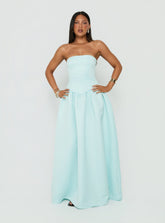 Soft Bloom Drop Waist Strapless Maxi Dress Blue