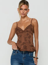 Had Me At Hello Lace Trim Floral Detail Top Chocolate