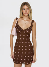 Lozie Frill V Neck Mini Dress Brown Polka Dot