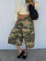 Quinni Wide Leg Cargo Jorts Light Wash Camo