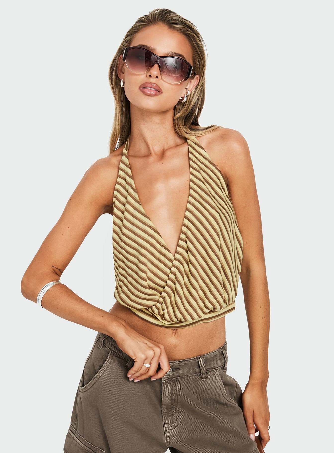 Priella Plunge Halter Top Yellow Stripe