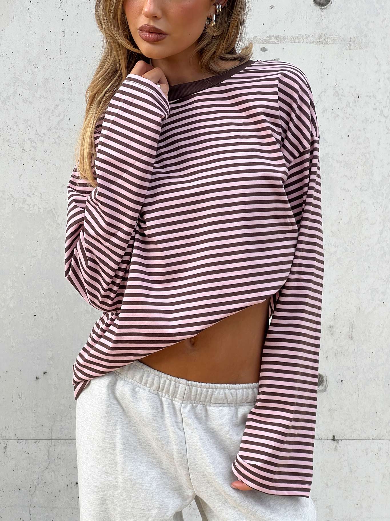 Settle Down Long Sleeve Top Pink / Brown Stripe