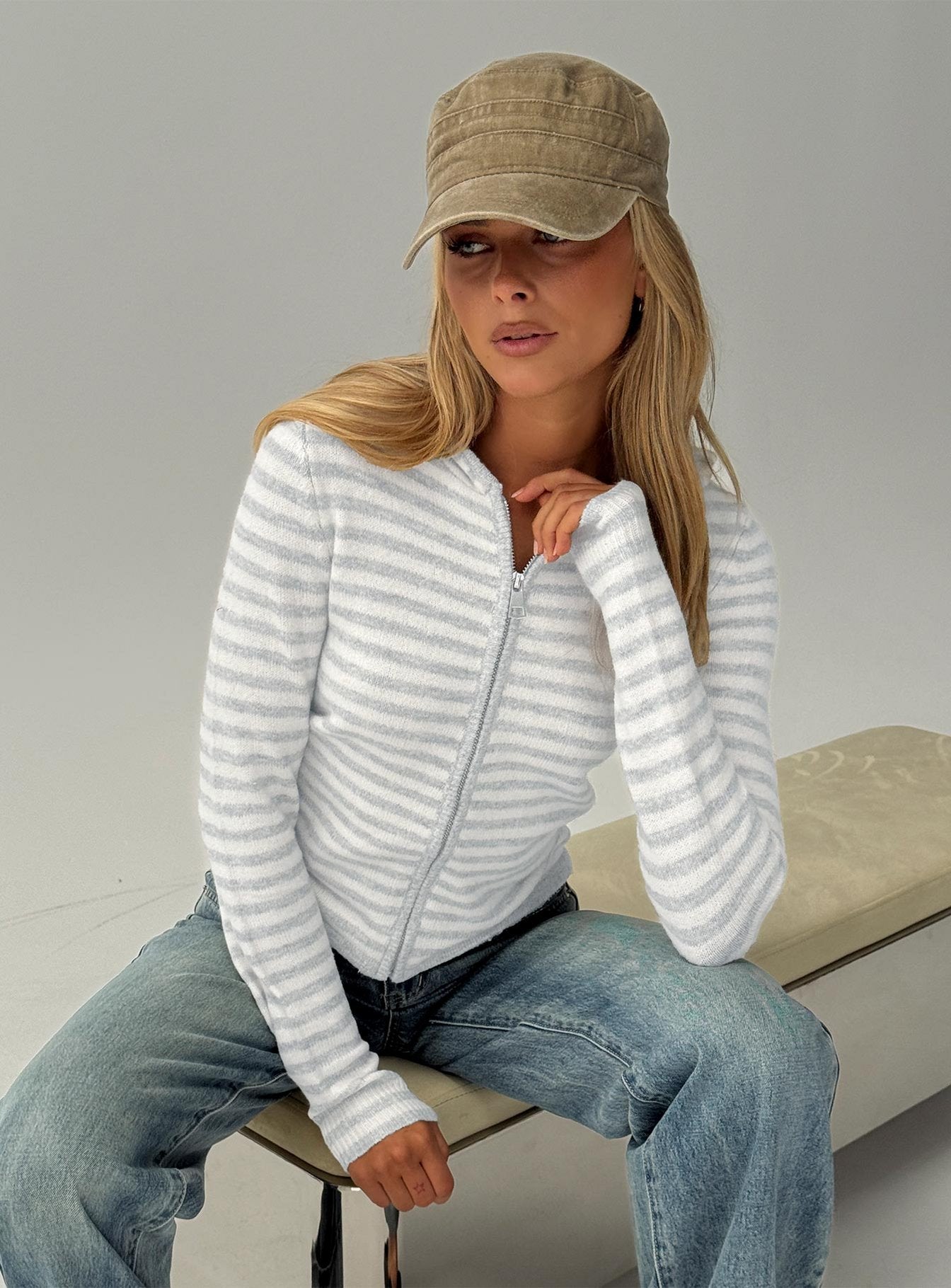 Superstars Zip Through Hoodie Grey / Cream Stripe