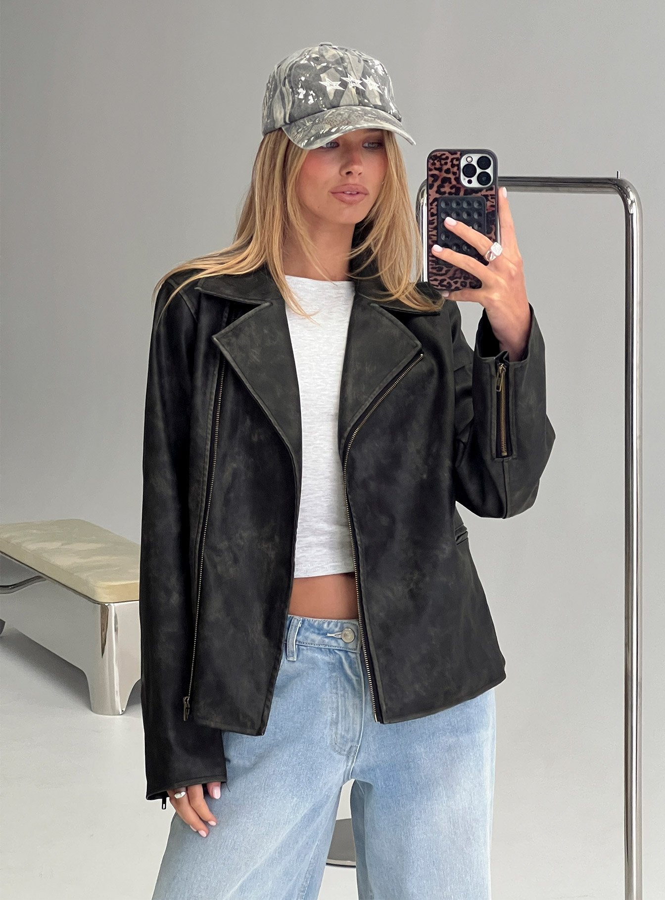 Vyolette Faux Leather Collared Jacket Washed Black