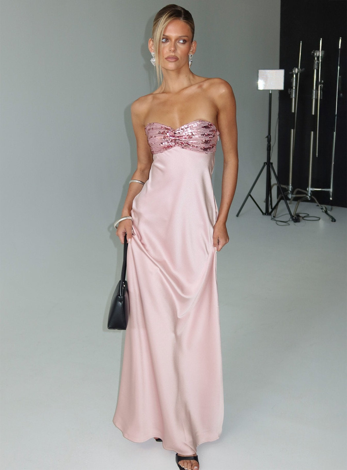See The Vision Sequin Bust Strapless Maxi Dress Pink