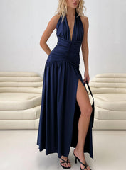 Diona Halter Ruched Maxi Dress Navy