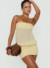 Howland Strapless Sheer Blouson Mini Dress Yellow