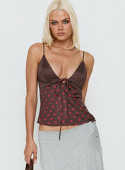 Warm Light Tie Detail Satin Cami Top Chocolate Polka Dot