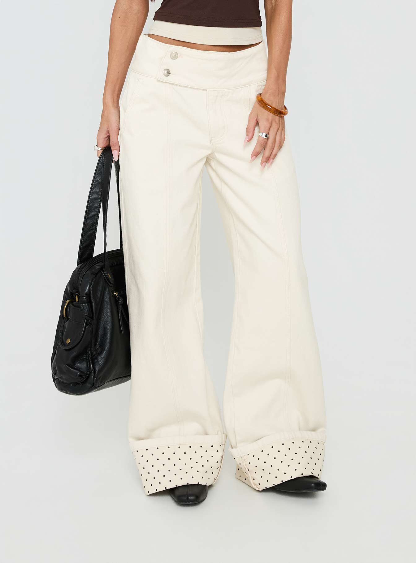 Nikoletta Foldover Jeans Cream / Polka