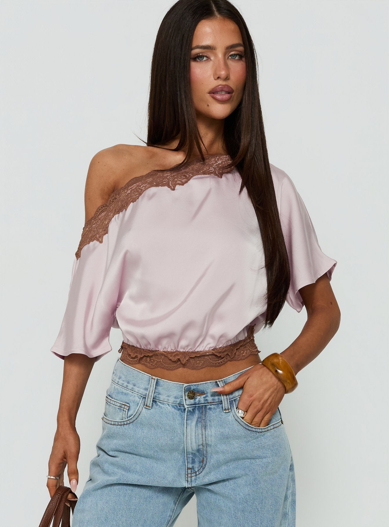 Full Send Off Shoulder Lace Trim Top Pink / Brown