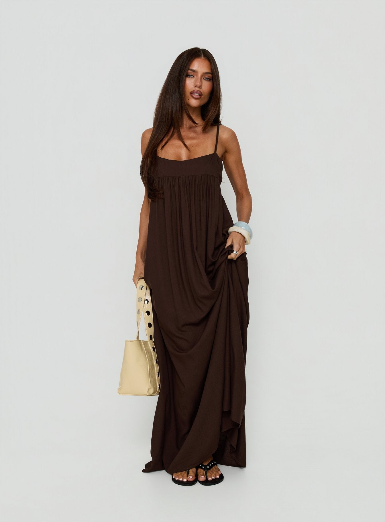 Wildah Linen Smock Maxi Dress Brown
