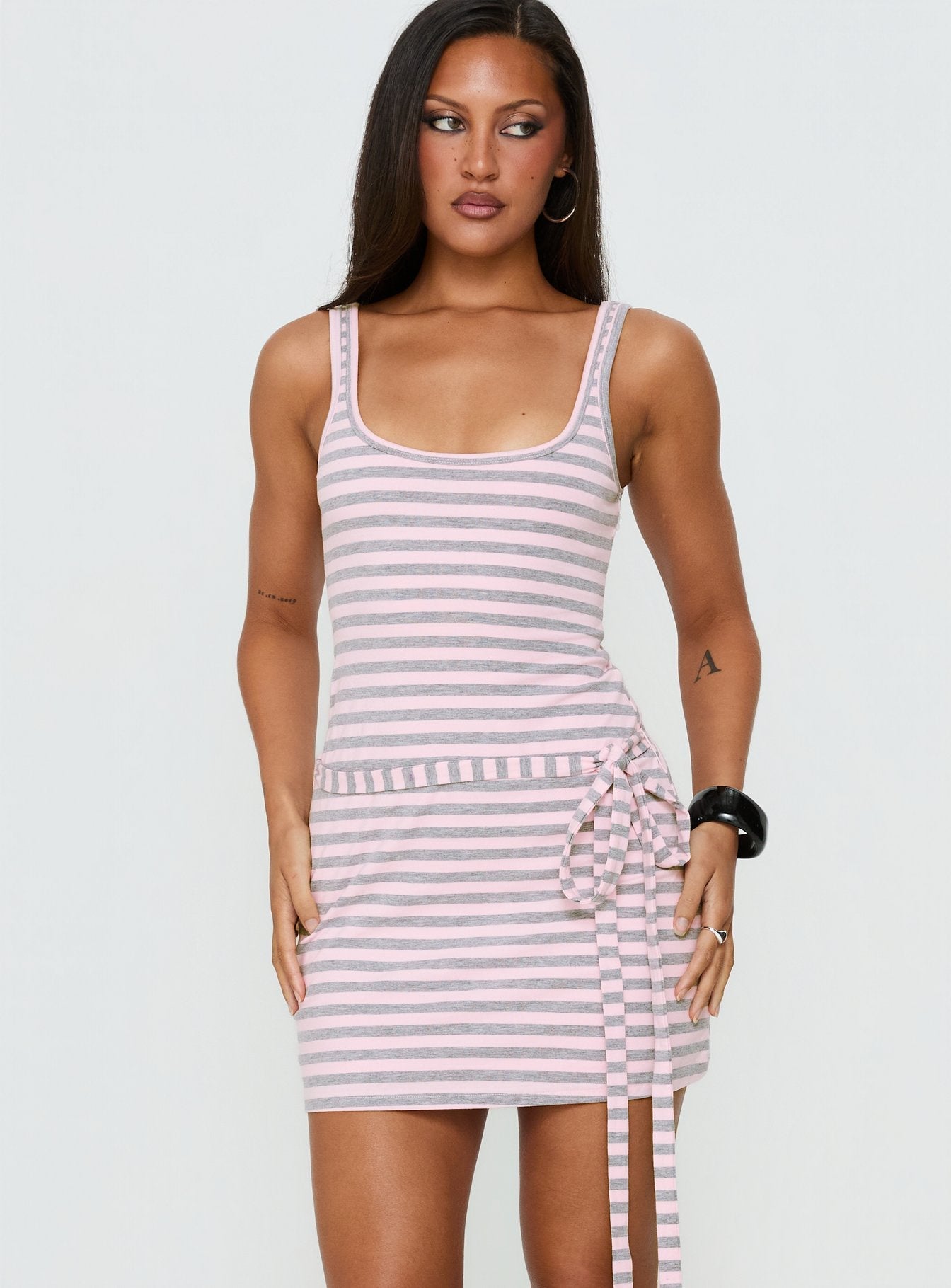 Favourite Daughter Tie Detail Mini Dress Pink / Grey Stripe