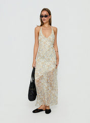 Noemi Halter Low Back Maxi Dress Cream Paisley
