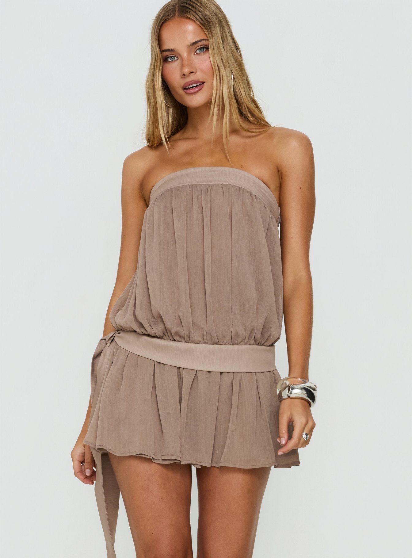 We Belong Together Strapless Blouson Mini Dress Mushroom