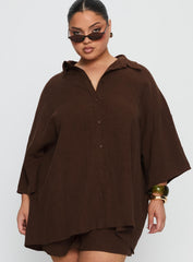 Peni Linen Button Down Top Chocolate Curve