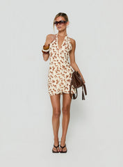 Jaymia Plunge Halter Mini Dress Yellow Floral