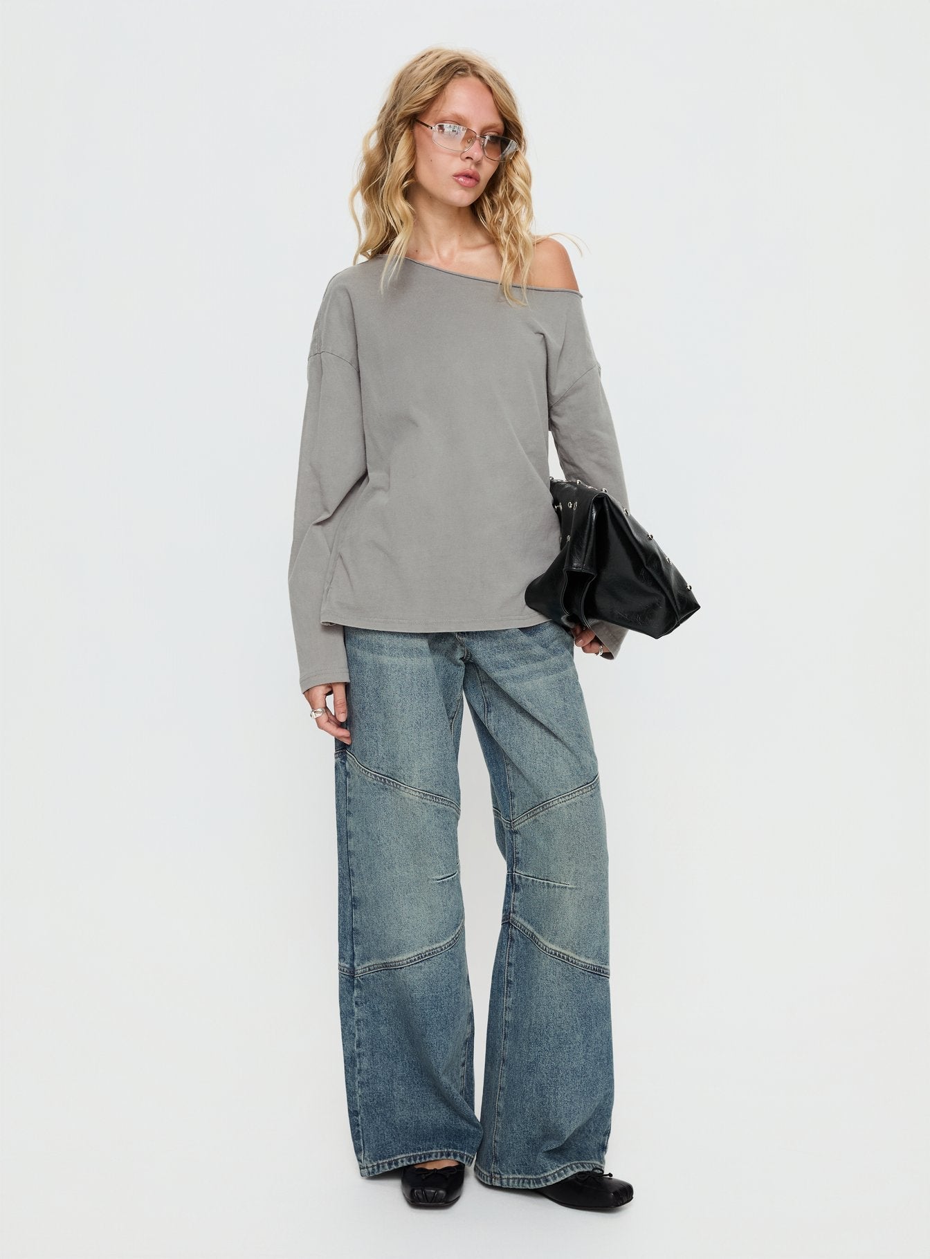 Karlyn Off Shoulder Long Sleeve Top Grey