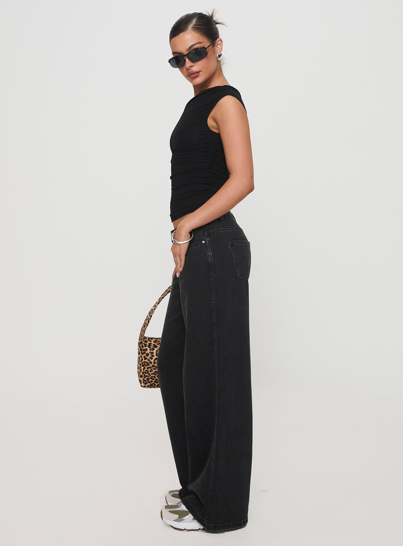 Ramos Low Rise Wide Leg Denim Jeans Washed Black Tall