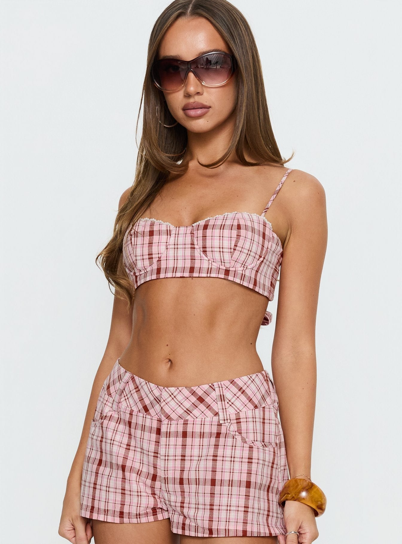 Kosi Micro Crop Bra Top Pink Check