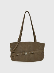 Cosimma Buckle Detail Faux Suede Shoulder Bag Khaki