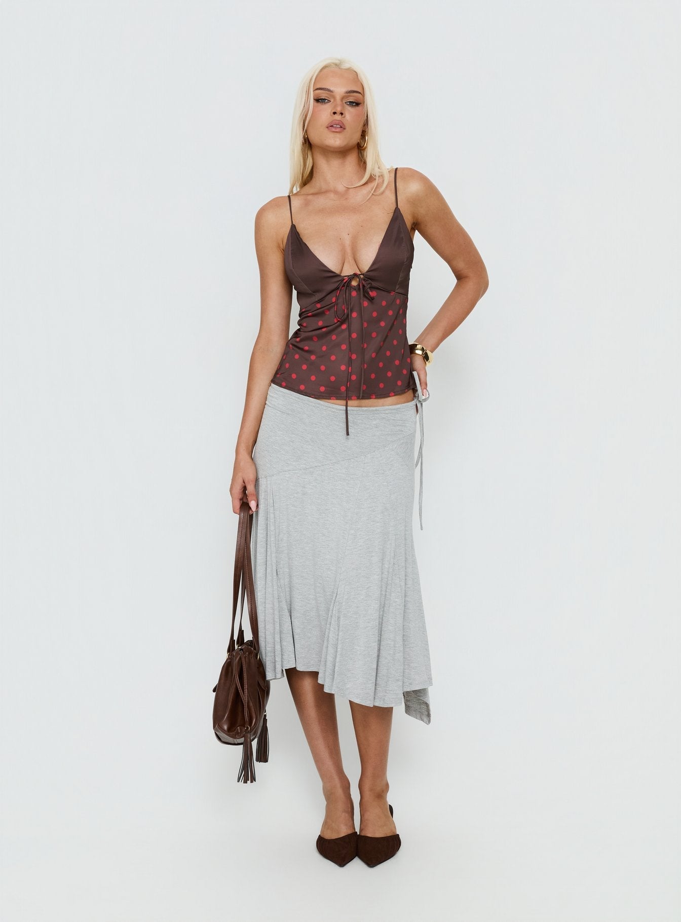 Warm Light Tie Detail Satin Cami Top Chocolate Polka Dot