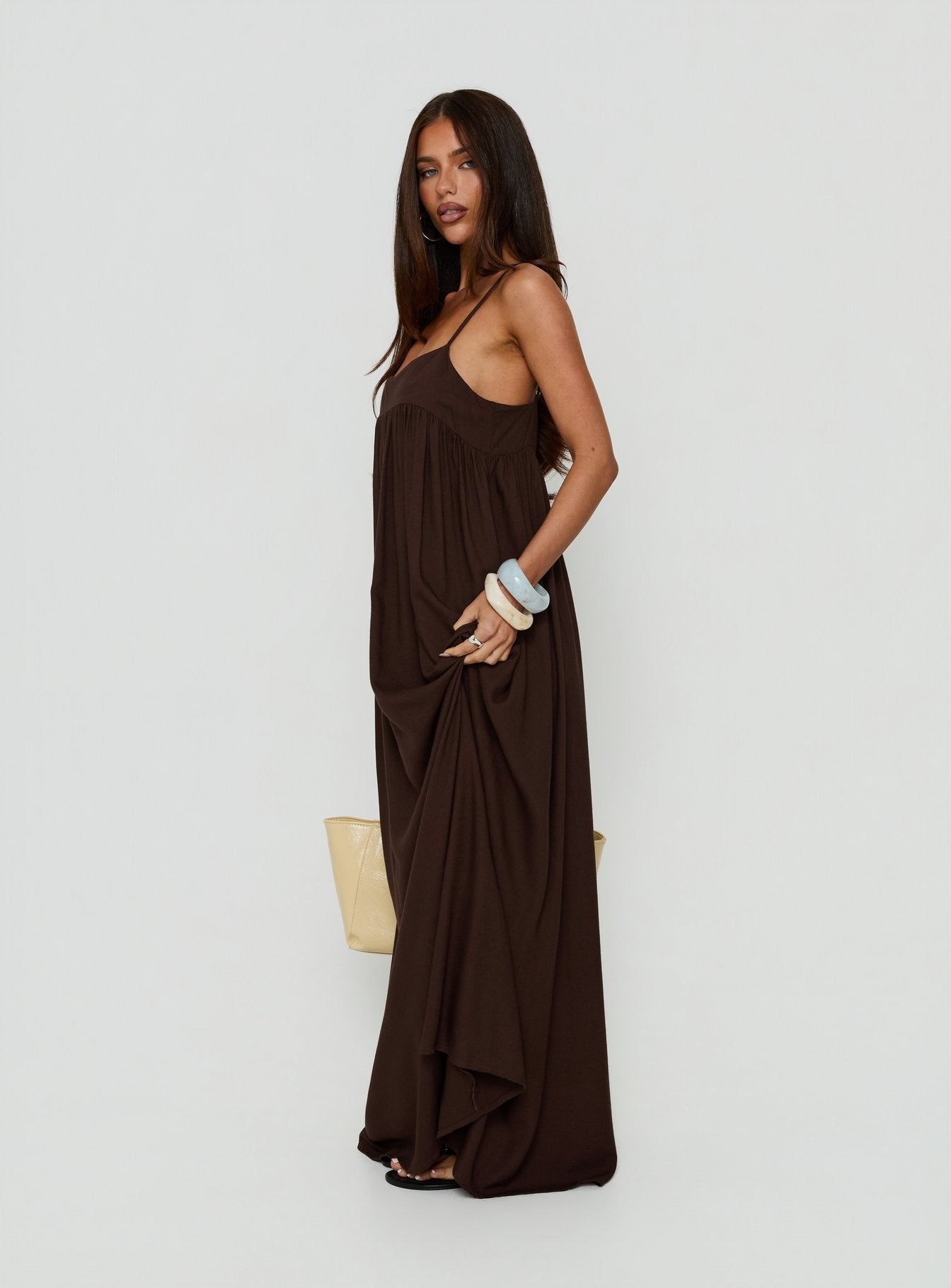 Wildah Linen Smock Maxi Dress Brown
