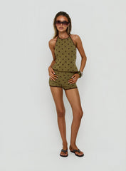 Speranza High Neck Halter Top Green Polka Dot