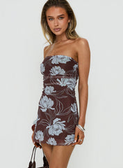Understated Strapless Mini Dress Brown / Blue Floral