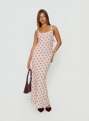 Picante Bias Cross Back Maxi Dress Pink Polka