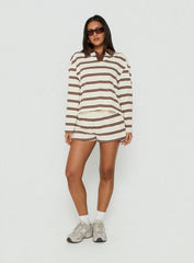 Eddi Long Sleeve Polo Top Cream / Brown Stripe