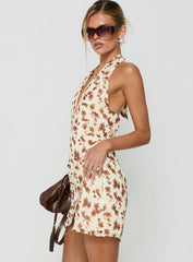 Jaymia Plunge Halter Mini Dress Yellow Floral