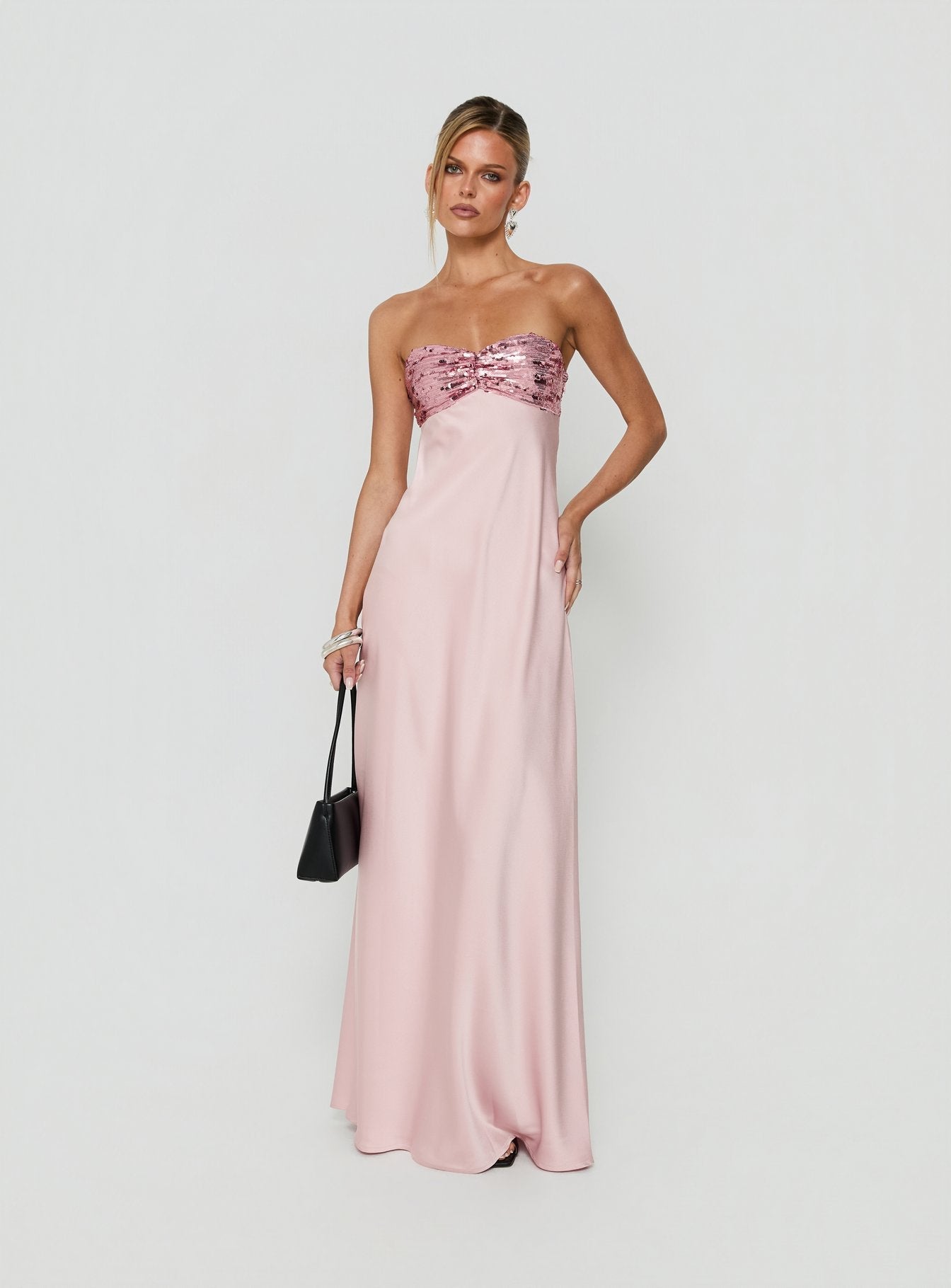 See The Vision Sequin Bust Strapless Maxi Dress Pink