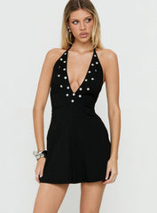 Junette Halter Button Mini Dress Black