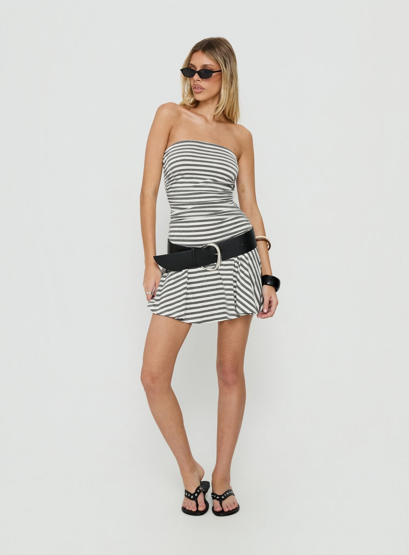Laynuh Strapless Ruched Mini Dress Grey / White Stripe
