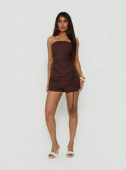 Defined Strapless Gathered Linen Blend Top Brown