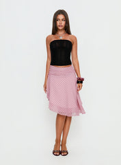 Evanescence Asymmetrical Midi Skirt Pink Polka Dot