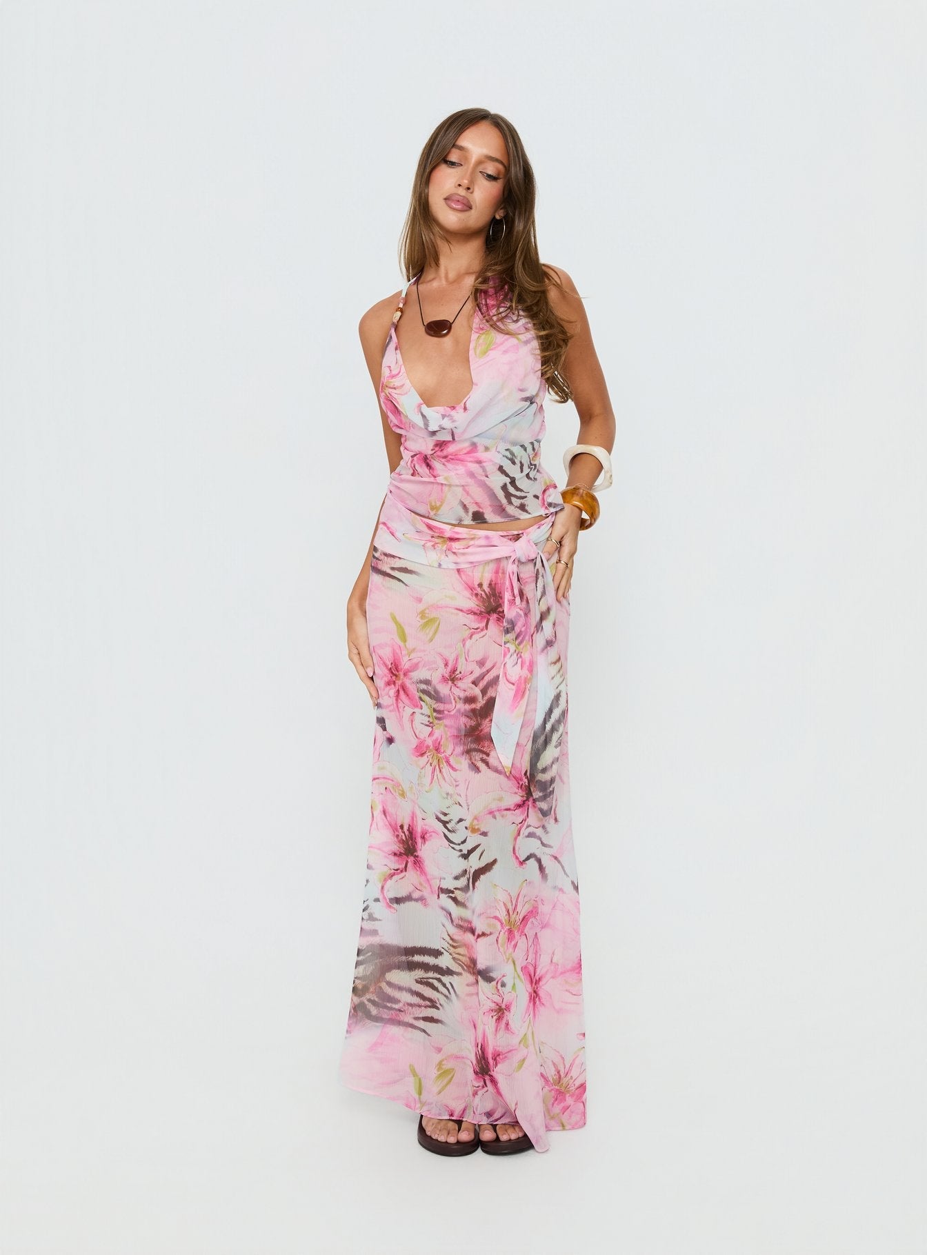 Karzi Chiffon Maxi Skirt Pink Floral