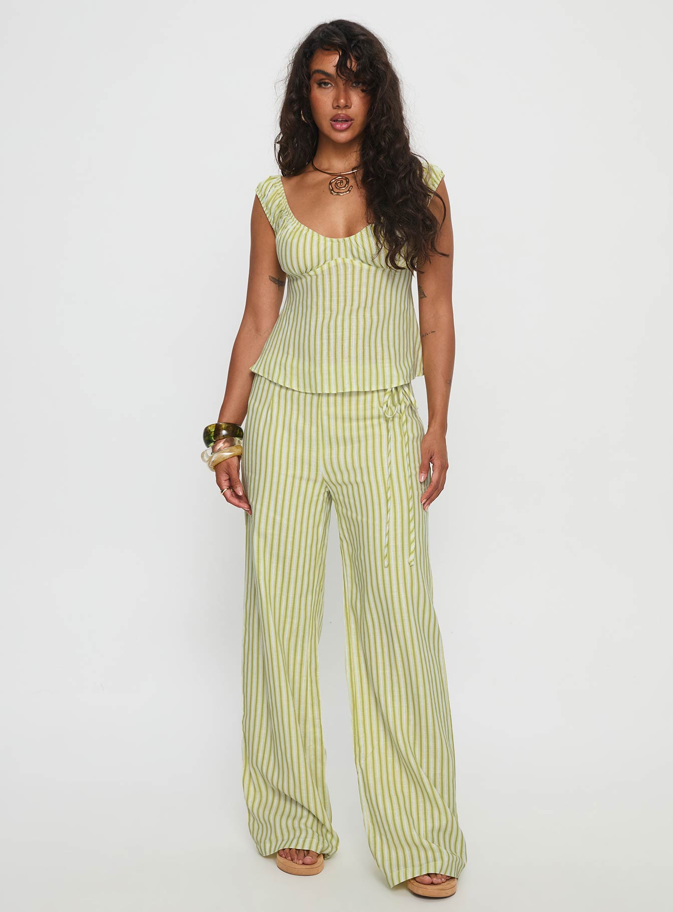 With Pleasure Tie Side Pant Green / Blue Stripe