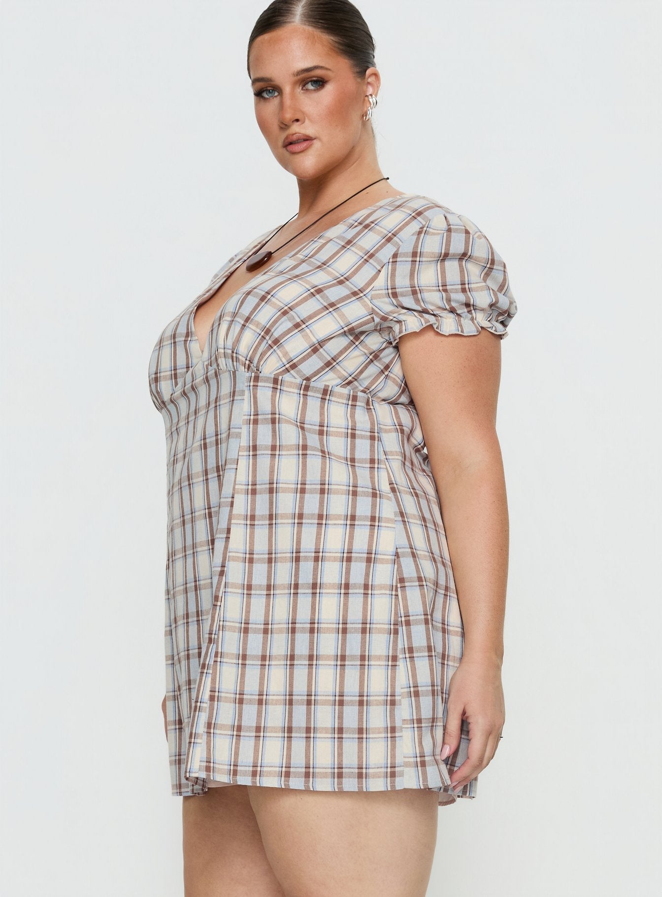 Mystee Plunge Neck Romper Blue Check Curve