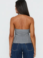 Puzzle Pieces Tie Detail Halter Top Black / White Gingham