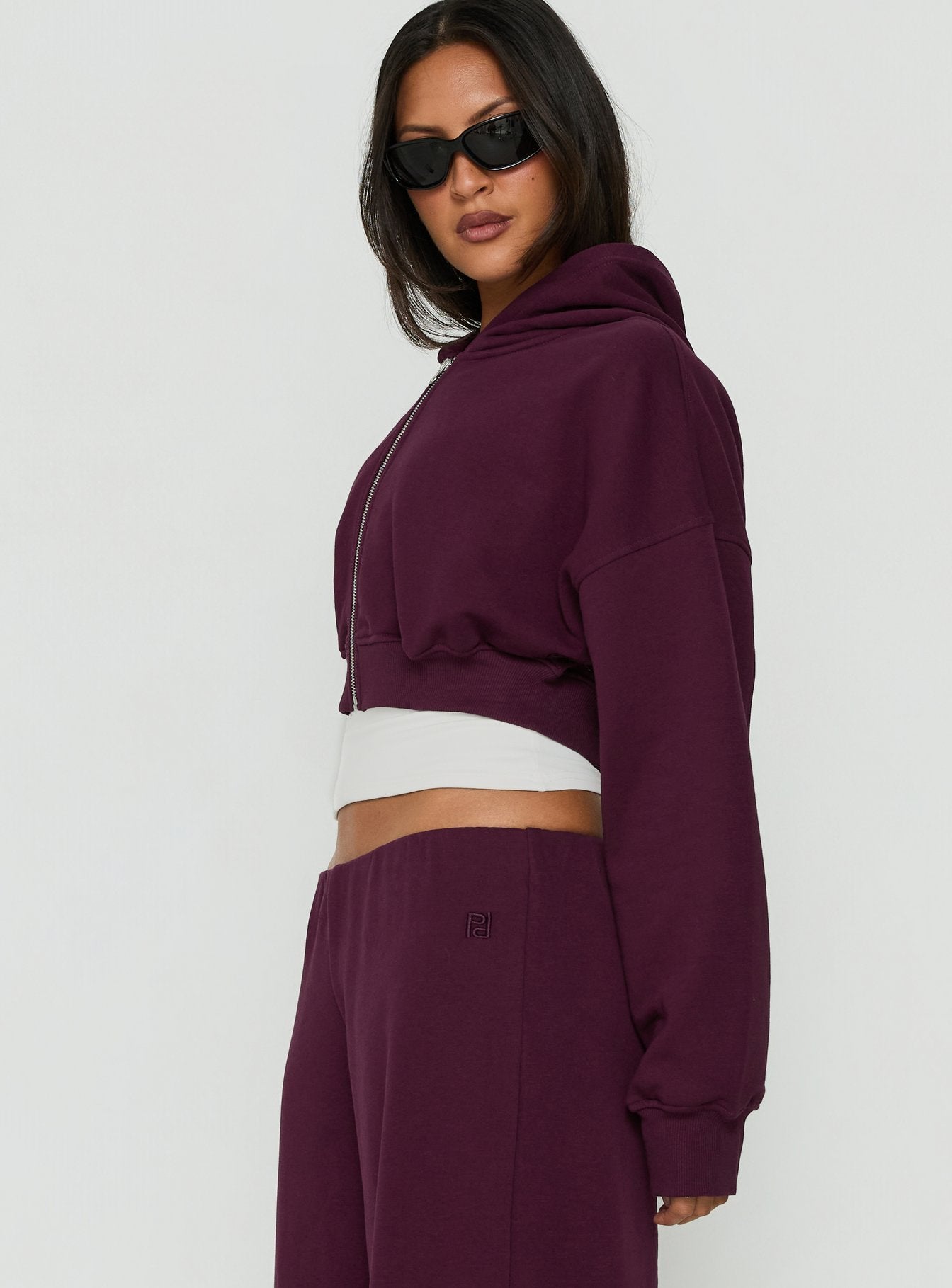 Lanna Fleece Zip Through Cropped Hoodie Plum