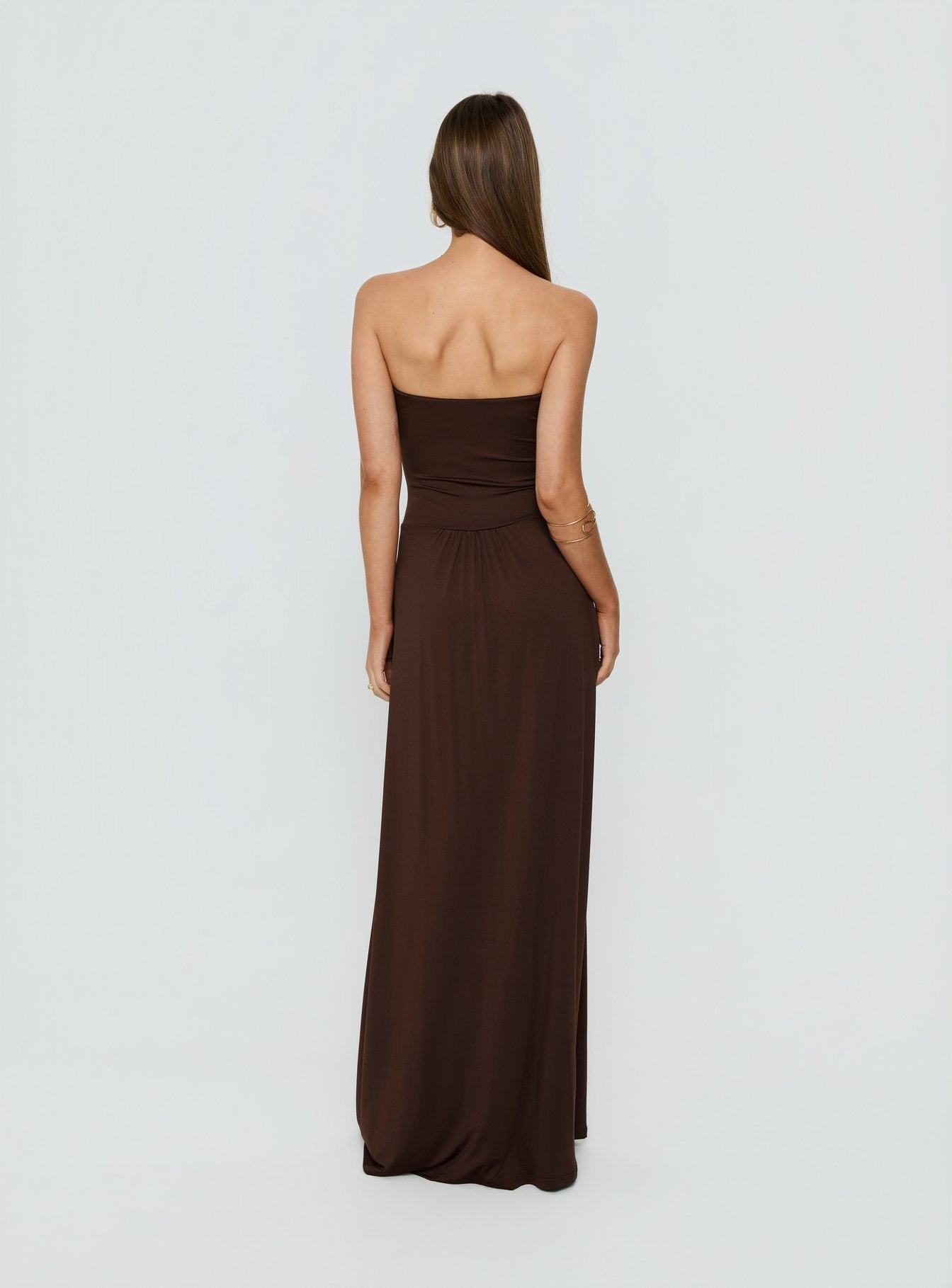 Ophal Strapless Drop Waist Maxi Dress Brown
