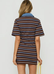 Klare Polo V Neck Mini Dress Chocolate Stripe