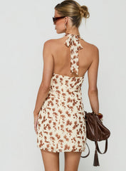 Jaymia Plunge Halter Mini Dress Yellow Floral