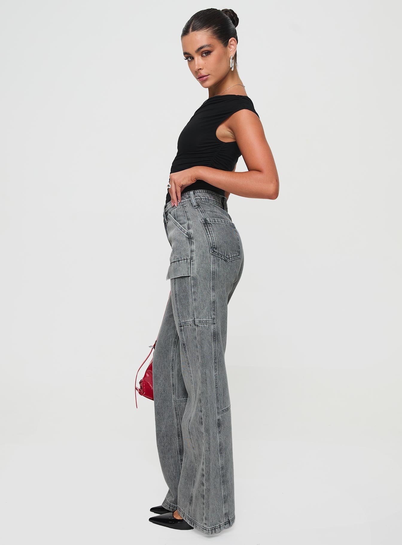 Chad High Rise Flared Cargo Jeans Washed Grey