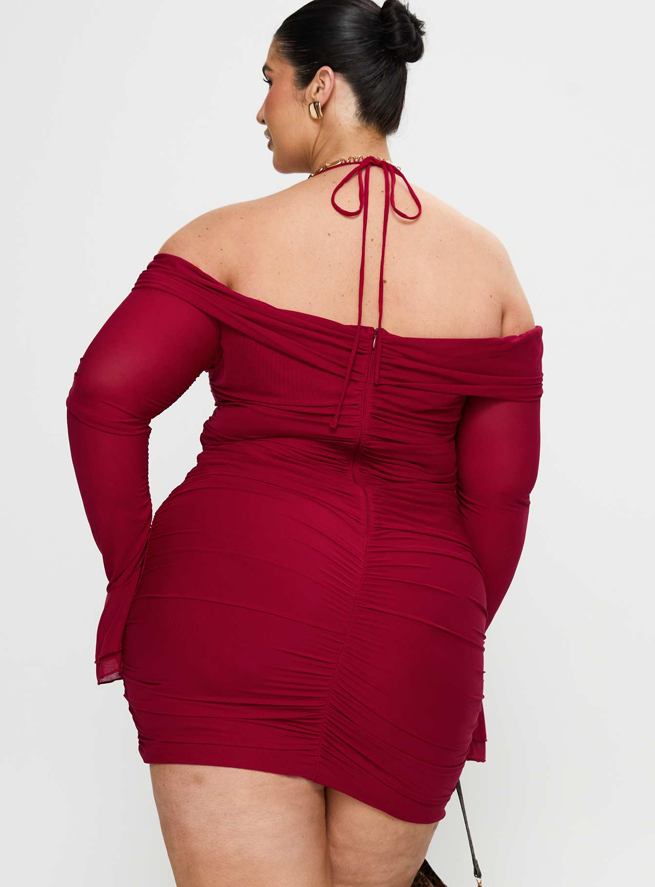 Taylon Off Shoulder Long Sleeve Mini Dress Red Curve