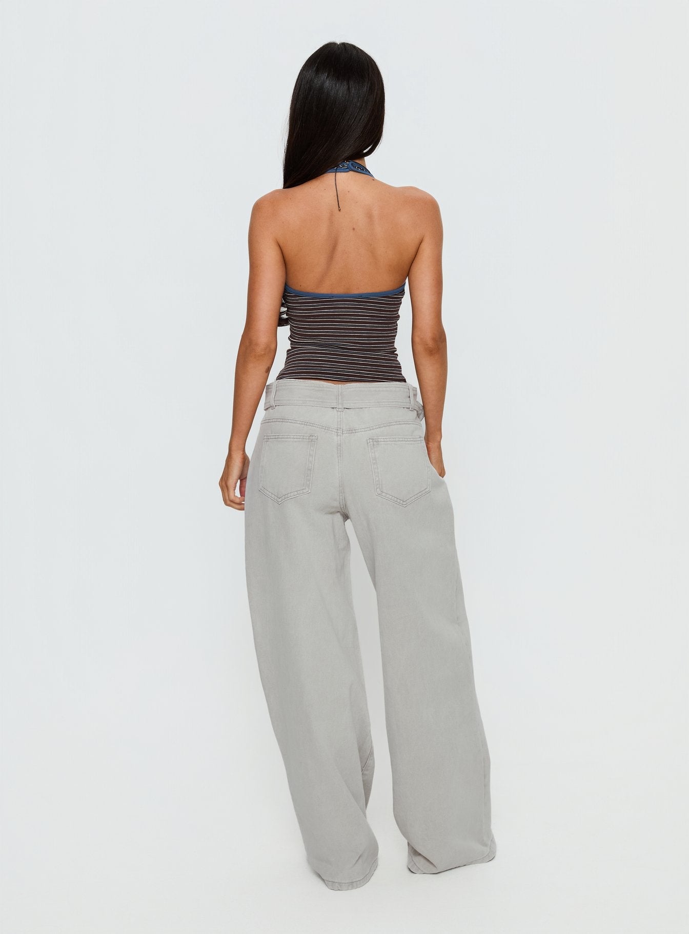 Katlin Mid Rise Wide Leg Buckle Detail Jeans Grey Wash