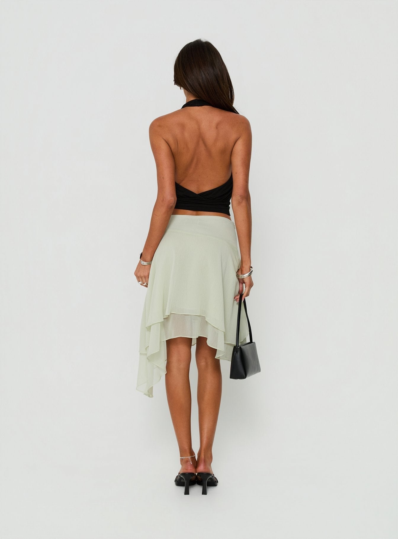 Ophella Tie Waist Chiffon Midi Skirt Sage