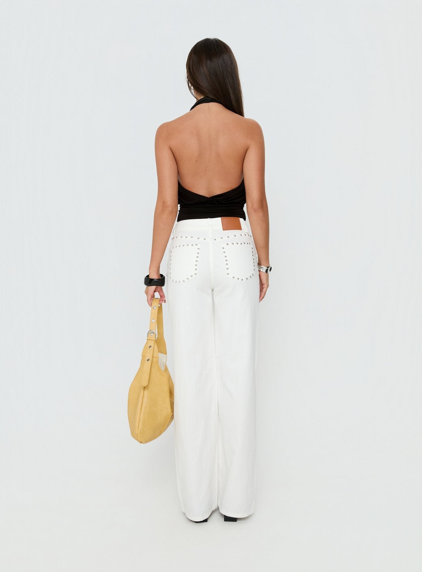 Saving Up Mid Rise Straight Leg Studded Jeans White