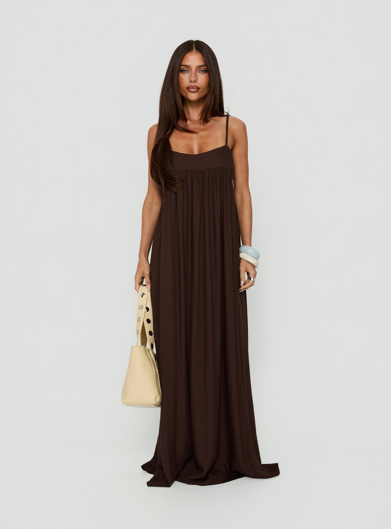 Wildah Linen Smock Maxi Dress Brown